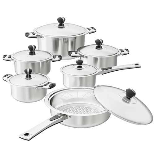 Foto de Juego de utensilios de cocina de acero inoxidable, 12 piezas antiadherentes de acero inoxidable, base D5 capas para calefacción uniforme, apto para lavavajillas, tapas de vidrio ventiladas (imagen 2)