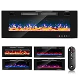 Tubiaz Chimenea Eléctrica de Pared, Chimenea con Calefactor y Llamas LED, Termoventilador Control Remoto, 750w/1500w, Termostato Temporizador Regulable, 127cm, Calefactores Eléctri