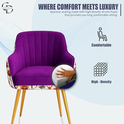 Image of Velvet Accent Chair | Luxury Upholstered Armchair with Sturdy Metal Legs | Modern Comfortable Chair for Living Room, Bedroom, Office, or Cafe (Golden Legs, Purple Floral)