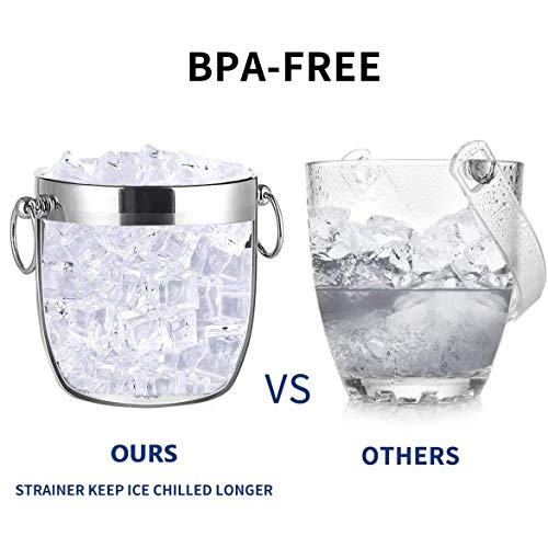 سبنور دلو ثلج مع غطاء ومصفاة - مصنوع بشكل جيد معزول بجدار مزدوج من الستانلس ستيل يحافظ على الثلج مجمدًا لفترة أطول - ملاقط ثلج إضافية - 3 لتر