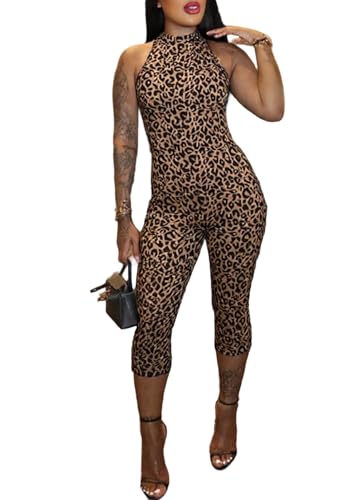 ROUMIFIQ Womens Leopard Print Romper Sexy Bodycon Jumpsuits Sleeveless Backless Capri Leggings Club Outfits Catsuits