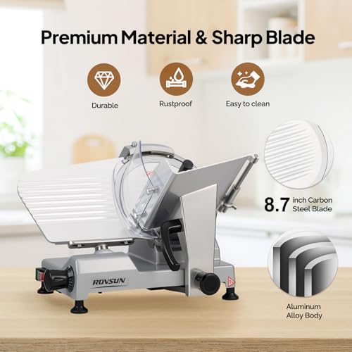 Image of ROVSUN Commercial Meat Slicer, 8.7inch 300W Electric Deli Slicer Machine with Upgraded Carbon Steel Blade, Frozen Food Slicer with Adjustable Thickness(0-12mm), ETL Certified for Home & Commercial