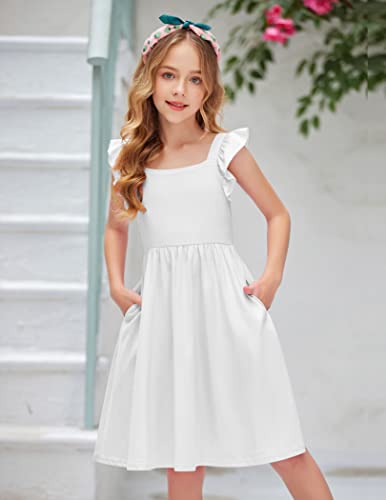 Arshiner Girls Summer Dresses Square Neck Ruffle Sleeve Tie Back A-Line Swing Casual Midi Dress with Pockets4