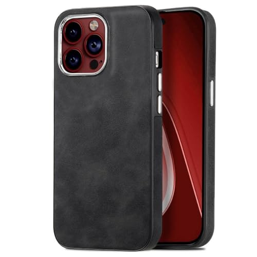 Coque iPhone 14 Pro retro mate en cuir PU noir antichoc hybride