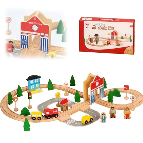 BASAMOU Treno Giocattolo per Bambini 3 4 5 6 7 8 Anni, 50Pcs Pista Trenino Legno Bambini, Pista Macchinine Giochi Legno, Compatibile Marchi Tradizionali, Regali Ragazzi Ragazze per Compleanno Natale