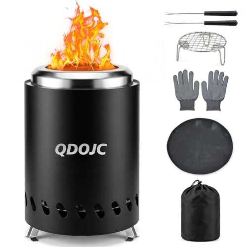 QDOJC Table Top Fire Pit Smokeless Tabletop Fire Pit Portable Stainless Steel Firepit for Camping Outdoor with Fireproof Mat Gloves Airflow Rack Forks Mesh and Travel Bag Wood Particles Burning