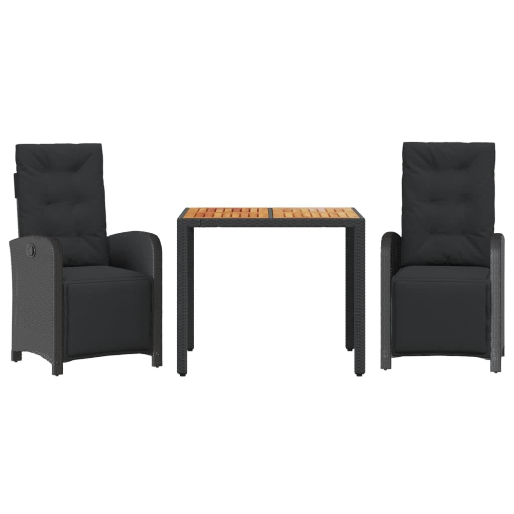 Set da bistrò da 3 pezzi con cuscini, tavolo in polyrattan nero, in legno di acacia, 2 sedie da giardino regolabili, mobili da balcone, mobili da patio, per comfort e durata