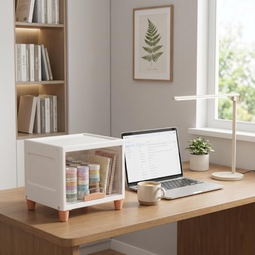 Image of Ash & Roh Multi-Layer Plastic Storage Cabinet with Transparent Flip Door 1-Tier White Box Space Saving Organizer for Kitchen, Bedroom, Office Foldable Stackable Storage Unit with Legs