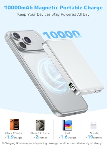 Portable Charger, Power Bank, 10000mAh Wireless Magnetic with Type-C 20W PD Fast Charging, LED Display for Magsafe Battery Pack,Wireless Portable Charger for iPhone 17/16/15/14 all Series, White - Image 2