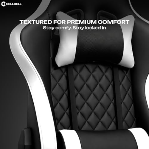 Image of CELLBELL Shadow FT Ergonomic Gaming Chair with Footrest Premium PU Leather 4D Armrests 180 Degree Recline Class 4 Hydraulic Tilt Lock Diamond Design Heavy Duty Base 60mm Wheels (White)