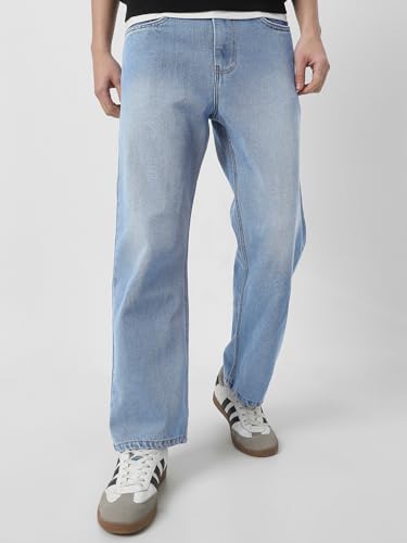 Image of Neostreak Men's Loose Baggy Fit Heavy Washed Jeans Non-Stretchable