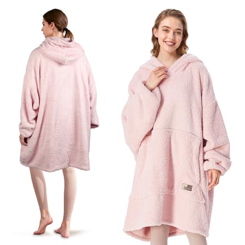 Catalonia Classy Wearable Oversized Hoodie Blanket, Snuggle Sherpa Blanket Hoodie, Warm Throw Blanket Sweatshirt with Sleeves for Winter, Gifts for Mum Women Men Adults Teens, Pink