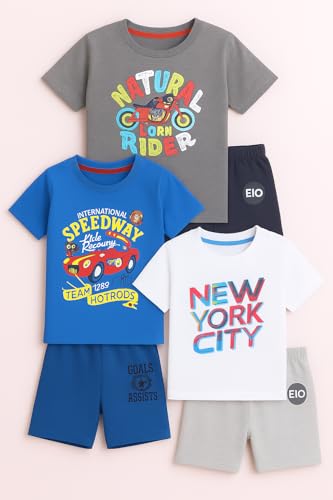 Image of EIO Boys Cotton Printed Dress Clothing Set Combo with Tshirts & Shorts-Pack 3