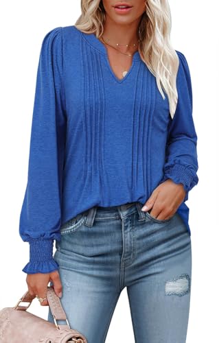 BETTE BOUTIK Long Sleeve Shirts for Women Fall Tops Dressy Blouses Pleated V Neck Tunic Tops for Leggings S-3XL