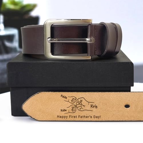 Personalized Dad Belt First Father's Day - Custom Fist Bump Engraved Leather 2 Sided Belts, Customized Handmade Belt, Gift For Husband on Father's Day, Fathers Day Gift From Wife4
