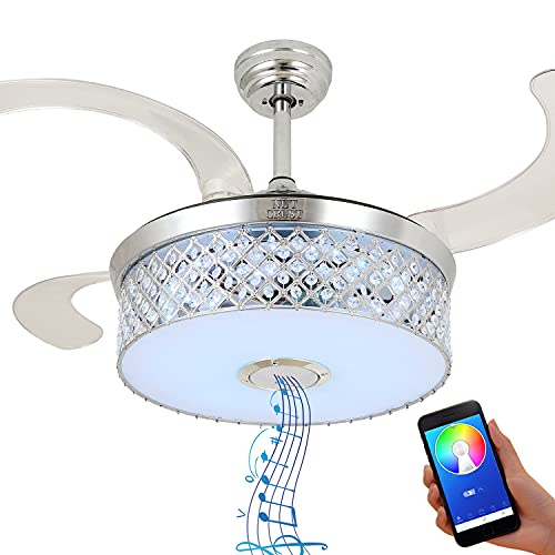 NUTCRUST Retractable Crystal Ceiling Fan with Light and Bluetooth Speaker, 7 Colors Change Bluetooth Speaker Music Player Modern Ceiling Fan Chandelier with Remote Control 36W LED