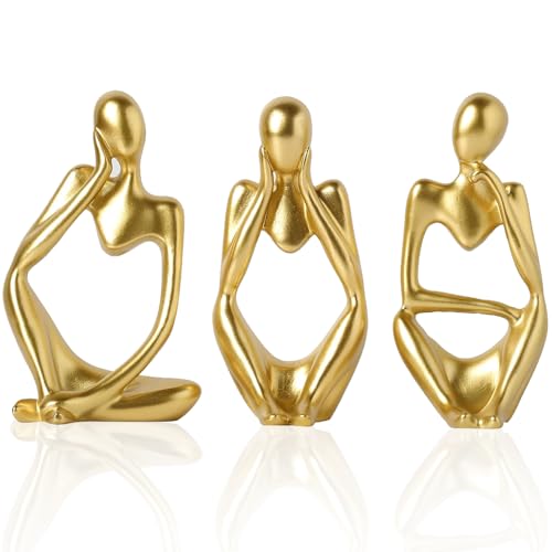 Thinker Abstract Ornamental Statues for Home Decor, Set of 3 Resin Modern Collectible Sculptures for Office Bookshelf Desktop Decoration, Aesthetic Art Figurines Ornament Gift(3 Gold)