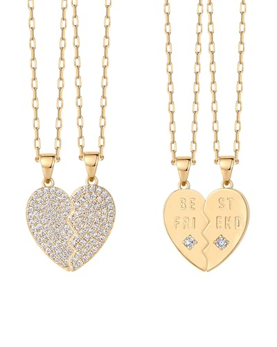PAVOI 14K Yellow Gold Plated Friendship Heart Pendant Necklace Set for Women | Two Gifting Best Friend Matching Pendant Necklaces - Valentines Day Trendy Jewelry