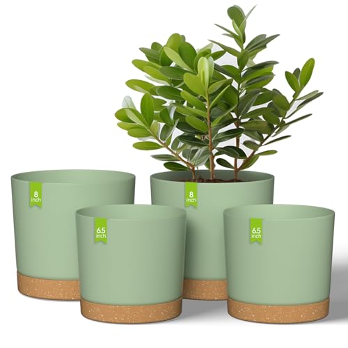 ZMTECH 6.5 and 8 Inch Planters, 4 Pcs Planters for Indoor Plants, Plastic Plant Pots with Drainage Holes and Saucers, Modern Decorative Flower Pots for Outdoor Home Garden Plant(Green)