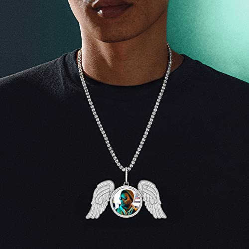 Big Angel Wings Photo Necklaces Picture Charm With Diamond Pendant With Memorial Image 925 Sterling Silver Chain Necklace Gift For Women Man Boys Girls Photo Necklace Customized With 24In Tennis Chain #TOP4