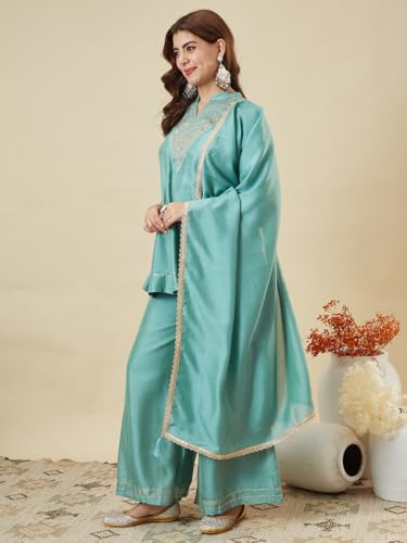 Image of MOKOSH Women's Silk Embroidery Kurta Sharara with Dupatta | Kurta Set | Embroidered |Indian Kurta Outfit with Sharara | 3 Piece Outfit |Straight Ethnic Suit 4 Colour Options Available