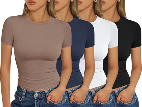 Trendy Queen Womens 4 Pack Basic T Shirts Short Sleeve Workout Tops Crop Cute Tees Compression Casual Y2K Athletic Gym Fitted Black,White,Coffee,Navy M