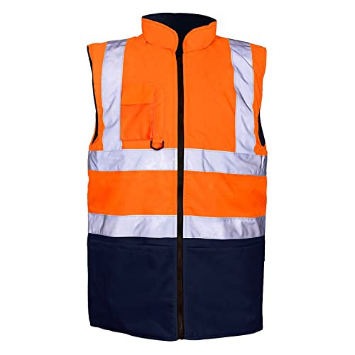 Hi Vis Bodywarmer Fleece Lined Reversible Safety Gilet Waistcoat – Waterproof High Visibility Reflective Workwear Vest for Men Security Outdoor Hiking Work Jacket Orange Navy L