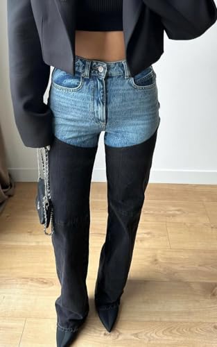 PIRAL Women's Bicolor Chap Jeans – High-Rise Straight Fit, Two-Toned Denim (Blue/Black), 100% Cotton, 33” Inseam3