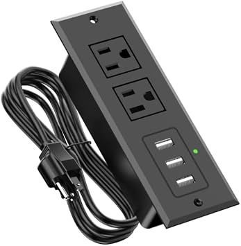 Recessed Power Strip, Mount Hidden Charging Station with 3 USB Ports, Multiple Surge Protector Outlet Extender with Extension Cord for Nightstand Furniture Bed Conference Table Black