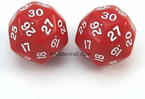 Wondertrail Red Opaque D30 Dice with White Numbers 30mm (1.18in) Pack of 2 Dice Koplow Games WKP06009E2