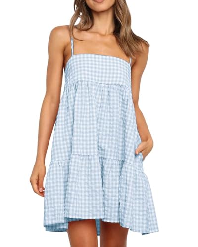 Image of Womens Summer Plaid A-line Sleeveless Casual Flowy Mini Sundress