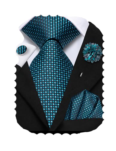 Image of Hi-Tie Men's Tie Lapel Pin Set Pocket Square Cufflinks Formal Woven Silk Tie Sets Wedding Party