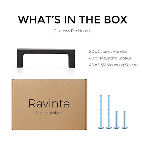 Image of Ravinte Oil Rubbed Bronze Cabinet Handles Kitchen Pulls 3 Inch 20 Pack | Square Design, Solid Zinc, Modern Slim Style, Screws Included, Easy Installation, for Kitchen Drawers & Cupboards