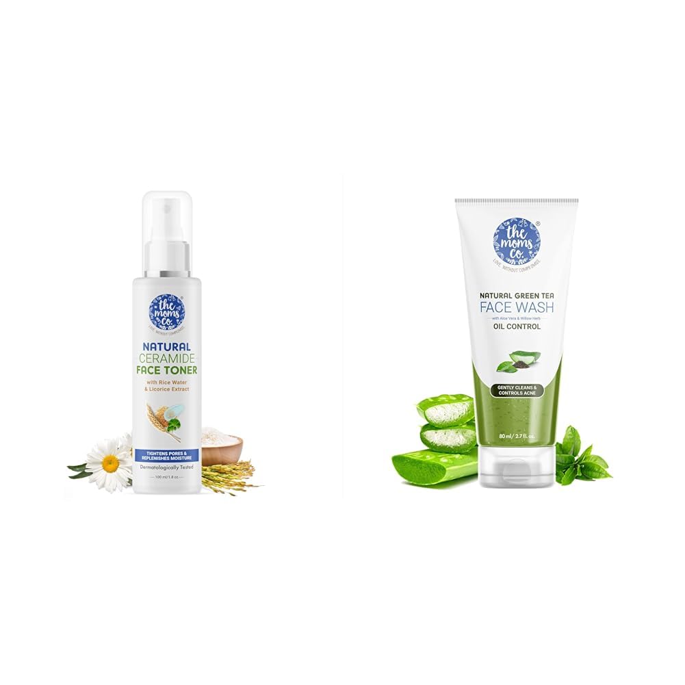 The Moms Co Natural Ceramide Face Toner for Women & Men - 100 ml. Natural Green Tea Face Wash l Soap Free l Deep Cleanse l Controls Acne l Hydrates & Soothes l Green Tea l Aloe Vera l 80 ML