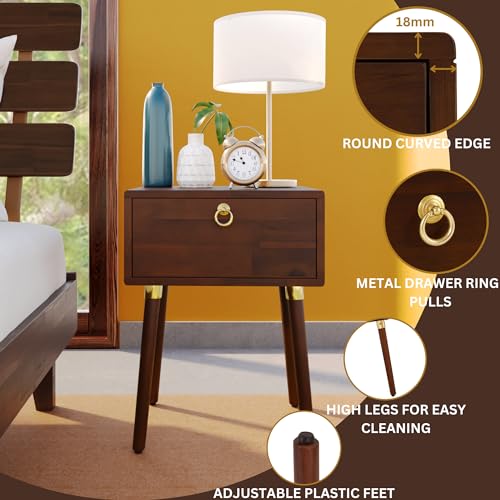 Image of Bme Caden Solid Wood Nightstand /Side Table /End Table, Fully Assembled, with 1-Drawer for Mid Century Bedroom and Living Room, Walnut