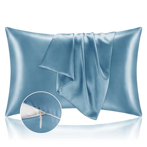 Image of BEDELITE Zipper Satin Pillowcases, King Size 20 inchx36 inch, Airy Blue, Set of 2