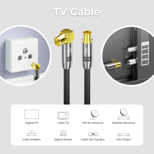 Miniatura 6 de Deleycon 1m Cable Antena Tv 4k - 4k Ultra-Hd Full Hd Hdtv - 1x Acodado - Cable Coaxial - Conector Iec Recto A Toma Iec 90 Grados - Conector Metálico - Negro