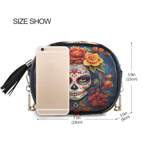 Image of ALAZA Women's Dia Muertos Mexican Day Of The Dead Girl Sugar Skull PU Leather Crossbody Bag Shoulder Purse with Tassel