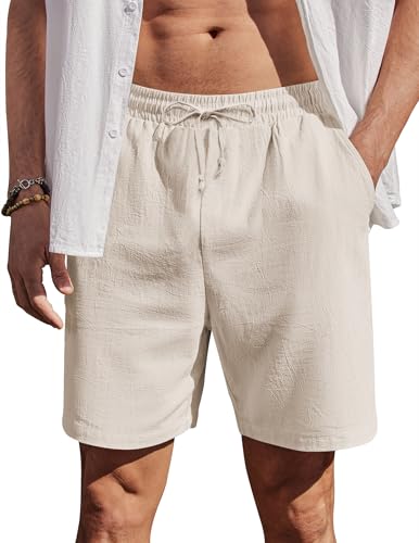 COOFANDY Herren Shorts Sommer Baumwolle Kurz Hosen mit Gummizug Leicht Sommershorts Freizeithose mit Taschen Beige L