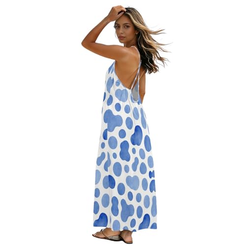 Robe longue imprimé vache bleue en tissu doux avec bretelles caraco et dos bas pour femme