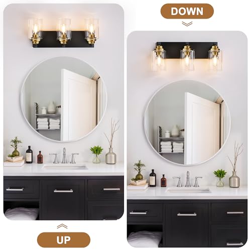 Image of Black and Gold Bathroom Light Fixture, 3 Light Brushed Gold Vanity Light, 18.8 inch Modern Farmhouse Bathroom Lighting Fixtures Over Mirror, with Clear Glass Shade, Vanity Lights for Bedroom Hallway