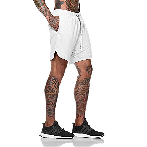 Hanerdun Men 2 In 1 Workout Running Athletic Shorts Sport Pants With Pocket White #TOP2