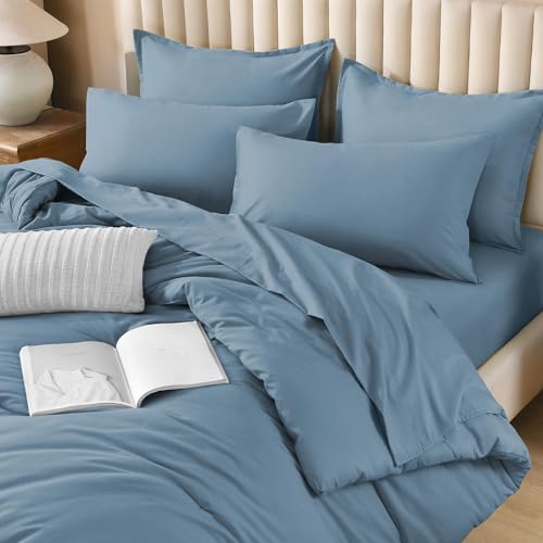 Image of Litanika Comforter Queen Size Set Grayish Blue - 7 Pieces Bed in a Bag Queen Bedding Comforter Sets, Plain Lightweight Bed Set with Comforter, Sheets, Pillowcases & Shams