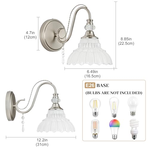 Image of 1 Piece Brushed Nickel Finish Wall Sconce, 1-Light Modern Wall Sconce with Hanging Crystal Accents and Flower-Shaped White Shades for Bathroom Bedroom Living Room,Modern Vanity Light