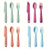 Kids Cutlery Set, 12pcs Plastic Utensils for Toddlers Real Cooking, Reusable Flatware Set with Nylon Serrated Knives, Fork and Spoon for Camping, Party, School Lunch Box (Macaron Colorful)