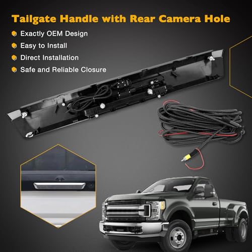 Image of Tailgate Handle Liftgate Latch Handle with Rear View Backup Camera, Compatible with 2017-2022 Ford F250 F350 F450 Super Duty Replaces# HC3Z-9943400-NA HC3Z-9943400-NB