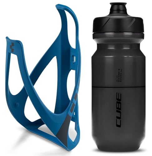 Cube HPP Cage - Matt Marine Blue & Flow Bottle - Black, 500ml / Water Drink Flask Vessel Bidon Holder Mount Bracket Kit Lightweight Plastic Drinking Hydration Biking Bike Riding Frame Accessories