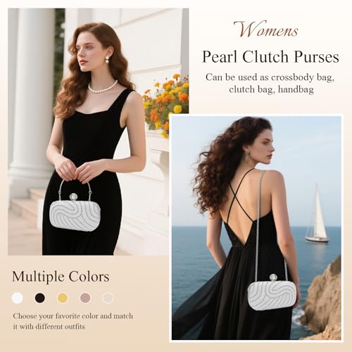 Image of YYW Womens Pearl Clutch Purse Evening Handbags Beaded Bag for Wedding Bride Party with Chain