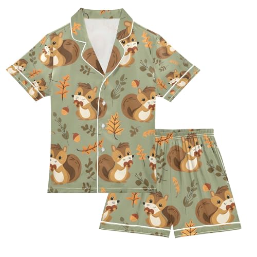 senya Smiling Squirrel with Acorns Satin Summer Pajama Sets Silk Short Sleeve Button Down Sleepwear