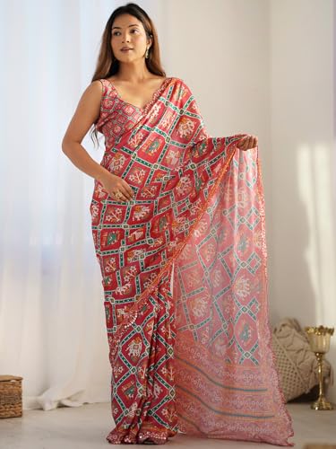 Image of Panzora Women's Chinon Printed Saree With Unstitched Blouse Piece